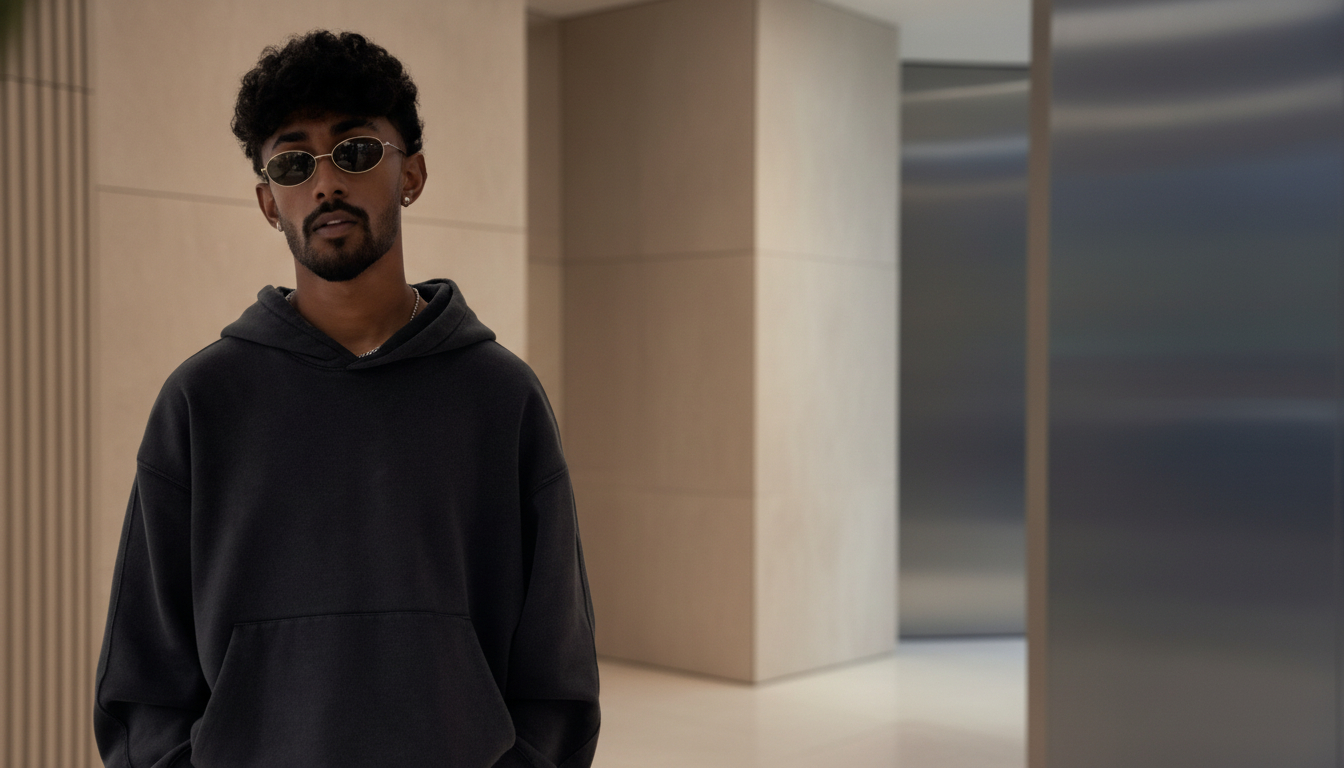 Model wearing luxury eyewear in minimalist setting